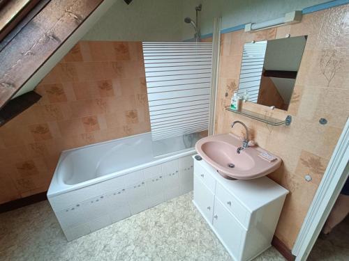ein Badezimmer mit einem rosa Waschbecken und einer Badewanne in der Unterkunft Gîte les Yards in Yffiniac