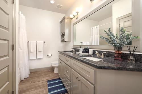 een badkamer met een wastafel, een toilet en een spiegel bij Pedalers Pad - Hot Tub - Downtown Bentonville in Bentonville