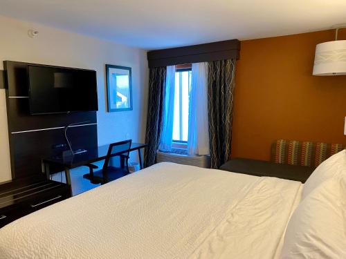 a hotel room with a bed and a desk and a television at Holiday Inn Express Metropolis by IHG in Metropolis
