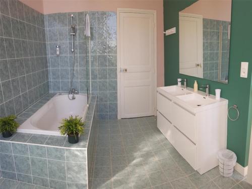 uma casa de banho com uma banheira e um lavatório e uma banheira em Chambre d'hôte double 2 em Castelsarrasin