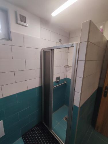 a shower in a bathroom with blue and white tiles at Pronájem dřevěného mobilheimu Štít in Chlumec nad Cidlinou