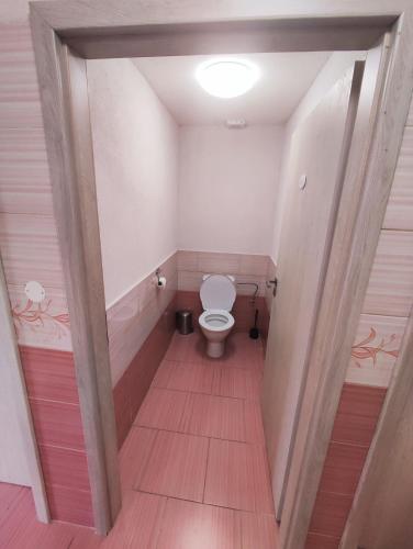a small bathroom with a toilet in a hallway at Pronájem dřevěného mobilheimu Štít in Chlumec nad Cidlinou