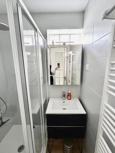 une personne prenant une photo d'une salle de bains avec lavabo dans l'établissement Voyage à Blonville, à Blonville-sur-Mer
