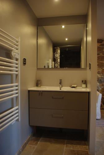 une salle de bain avec un lavabo et un miroir dans l'établissement La Maison dans les Nuages, à Sécheras