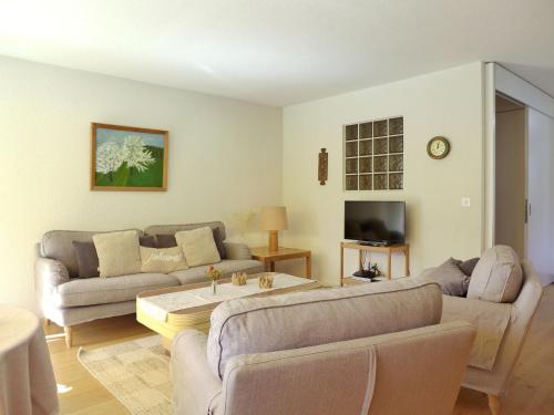 a living room with two couches and a tv at Holiday Home Salzhubelweg by Interhome in Goldswil