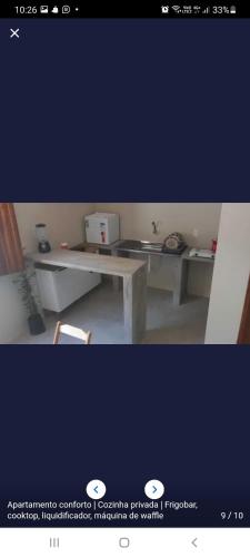 two pictures of a room with a table with a microwave at Jeri laguna chalés paraiso in Jijoca de Jericoacoara