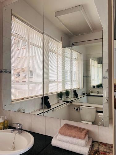 ein Badezimmer mit einem Waschbecken, einem WC und einem Spiegel in der Unterkunft Luxury Self-Catering Apartment in Johannesburg