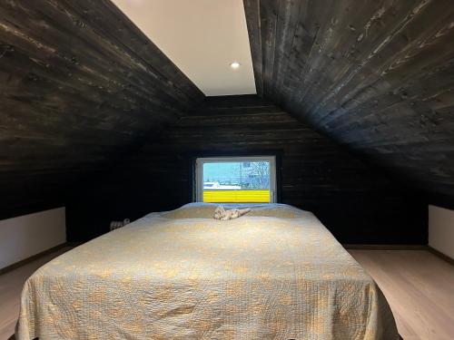 un gato acostado en una cama en una habitación con ventana en K6 MiniSpa, en Kuressaare