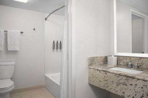 ein Bad mit einem WC, einem Waschbecken und einer Dusche in der Unterkunft Courtyard by Marriott Orlando East/UCF Area in Orlando