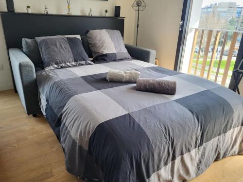 ein großes Bett mit zwei Kissen darüber in der Unterkunft Appartement Vélizy-Villacoublay in Vélizy-Villacoublay