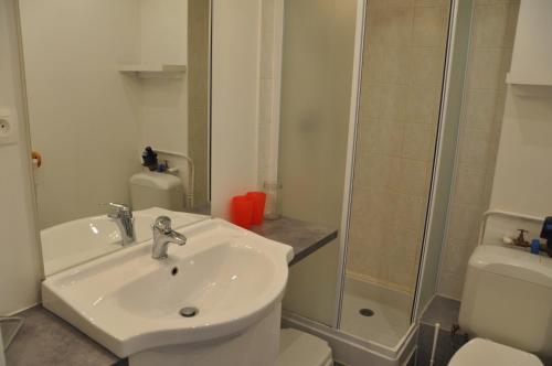 une salle de bain avec un lavabo, une douche et des toilettes dans l'établissement Le 3300 - 77 - Studio expo sud ouest - 4 pers, à Les Deux Alpes