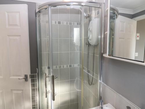 um chuveiro com uma porta de vidro na casa de banho em Caldwell Cottage em Lanark