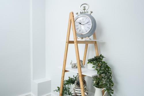 a clock on a ladder next to a shelf with plants at Heath House in Burton upon Trent