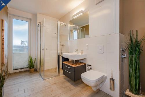 a bathroom with a toilet and a sink and a shower at Ein Traum am Haff in Zirchow