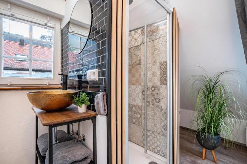 a bathroom with a sink and a shower at Fachwerk in Neustadt an der Weinstraße