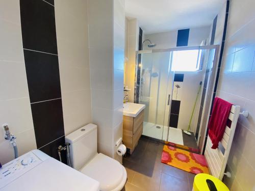 une salle de bain avec des toilettes blanches et une douche dans l'établissement Le Belle Isle, à Rodez