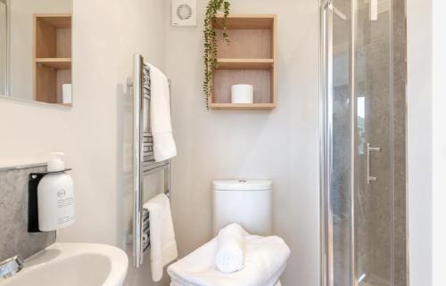 een badkamer met een douche, een toilet en een wastafel bij Floating Home at Burton Waters in Lincoln