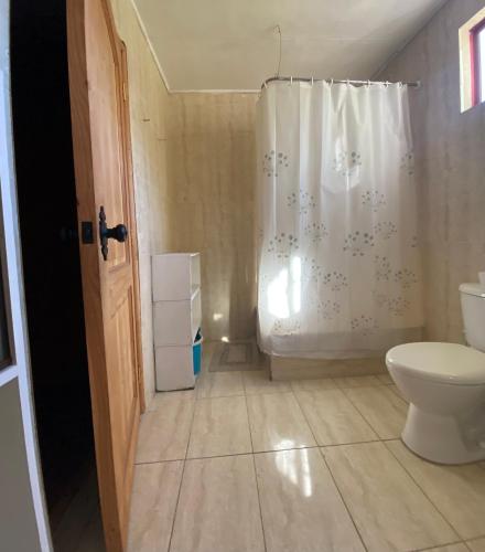 a bathroom with a toilet and a shower curtain at CABAÑA CON MUELLE ORILLA LAGUNA in Quillón