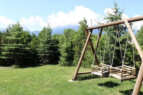an empty swing in a field with mountains in the background at Alpine Lodge Bansko Apartments in Bansko