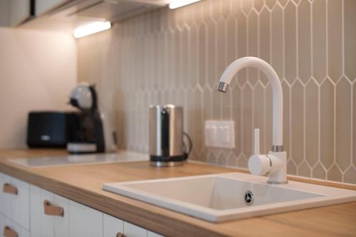 a kitchen counter with a sink and a faucet at Apartament Premium PINEA 107 in Pobierowo