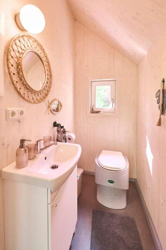 a bathroom with a sink and a toilet and a mirror at Baumschiffhotel am Waldbad in Bad Rodach