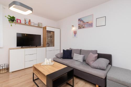 sala de estar con sofá y TV en Bright Apartment with Private Garden and Accepting Pets by Renters, en Gdansk