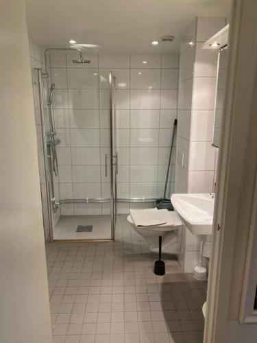 a bathroom with a shower and a toilet and a sink at Great 1 bedroom flat on Lidingo in Kottla