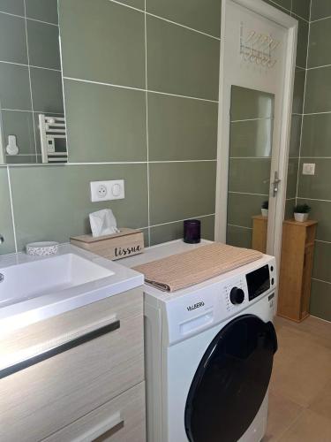 a kitchen with a washing machine and a sink at Gîte de Mam's - Voie verte in Bazeilles