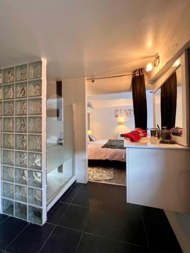 a kitchen with a sink and a room with a bed at Gîte des Estelles "Alixia" in Cavaillon