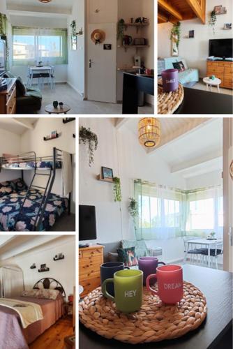 un collage de photos d'un salon et d'une cuisine dans l'établissement Parfum des pins récemment rénové, à Narbonne