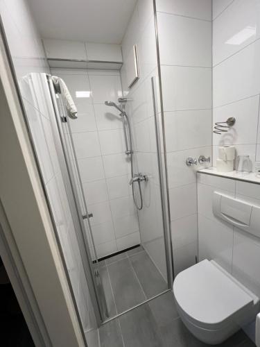 a white bathroom with a shower and a toilet at Upper-House Goldener Hirsch in Aystetten