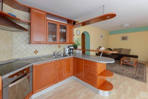 cocina con armarios de madera y sala de estar. en Apartments Žnidar, en Spodnje Gorje