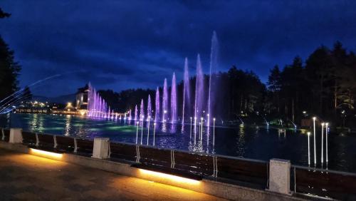 a water fountain is lit up at night at SkyLine Lux 2 Apartman Zlatibor in Zlatibor