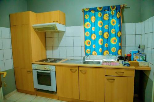 a small kitchen with a sink and a shower curtain at Africa Rising Cycling Center in Ruhengeri