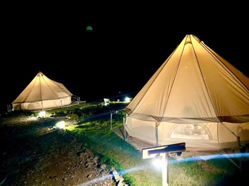 two large white tents are lit up at night at Camping phutajoy Khaosok แคมป์ปิ้งภูตาจ้อยเขาศก in Ban Thung Lang Tham