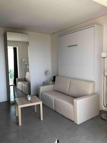 ein Wohnzimmer mit einem Sofa und einem Couchtisch in der Unterkunft Appartement vu sur mer Bidart in Bidart