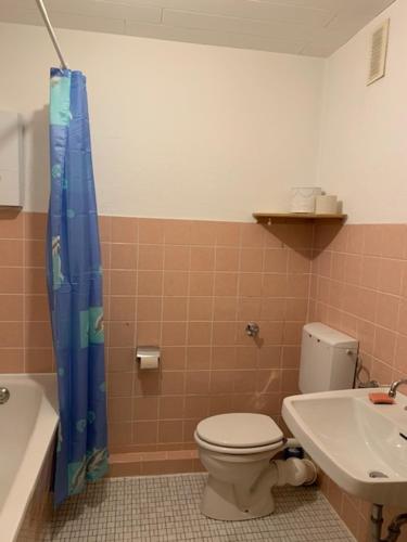uma casa de banho com um WC, uma banheira e um lavatório. em Solinger Wohnung em Solingen