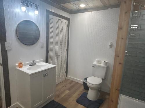 ein Bad mit einem WC, einem Waschbecken und einer Dusche in der Unterkunft Border Queen Bunkhouse in Caldwell
