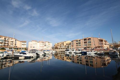 un port de plaisance avec des bateaux dans l'eau à côté des bâtiments dans l'établissement Between sea and marina, à Frontignan