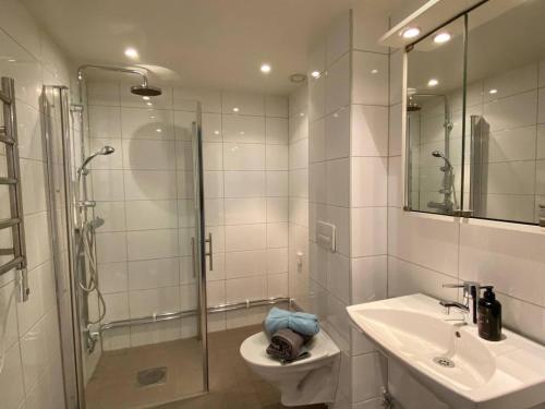 a bathroom with a shower and a toilet and a sink at Spacious 1 bedroom flat, Lidingo in Kottla