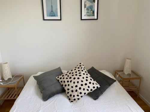 una camera da letto con un letto con cuscini sopra di Cozy 1 bedroom flat on Lindingo a Kottla