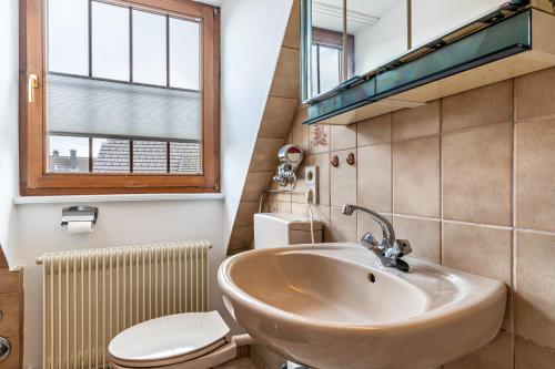 a bathroom with a sink and a toilet and a window at Fewo Straub in Freudenstadt