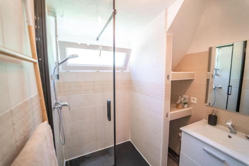een badkamer met een douche en een wastafel bij Grand Gite Terrasse Jardin Parking voitures vélos in Blois