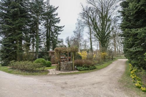 a dirt road leading to a house with trees at Alte Schule Pahlkrug in Linden