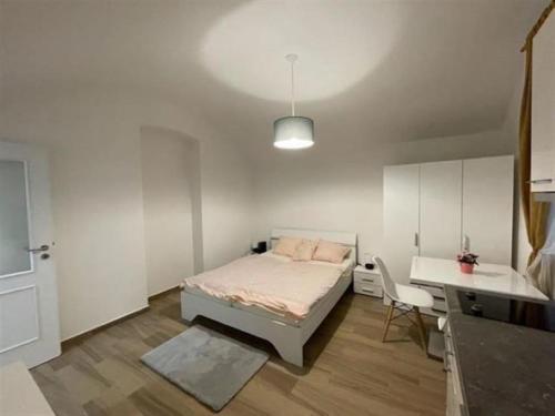 um quarto com uma cama, uma secretária e uma cozinha em Nice flat in centrum Prague 1 Washingtonova em Praga