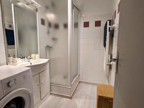 ein Badezimmer mit einer Waschmaschine und einem Waschbecken in der Unterkunft Appartement central avec parking, terrasse et WIFI in Collioure