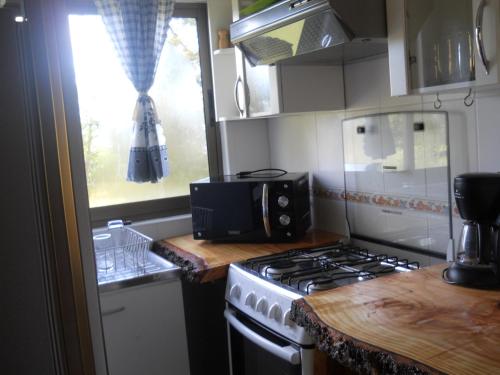a small kitchen with a stove and a window at Cabañas Wualmapu " acceso sólo vehiculos tipo camioneta, jeep o SUV" in Pucón