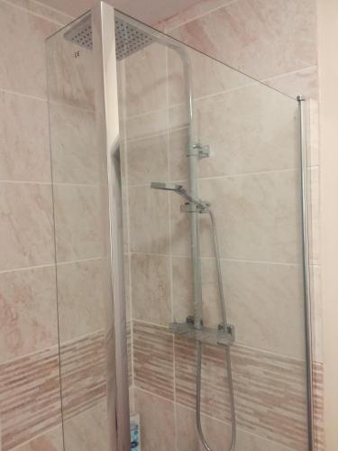 a shower with a glass door in a bathroom at Westwood Drive in Treharris