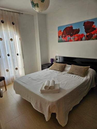 阿爾卡尼斯的住宿－MEQUEDO CALLE MAYOR 18，一间卧室配有一张床,上面有两条毛巾