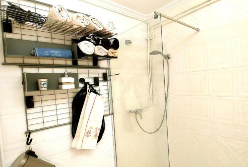 y baño con ducha con cabina de ducha de cristal. en Modern apartment in Alacant, 60m², wheelchair accessible, en Alicante